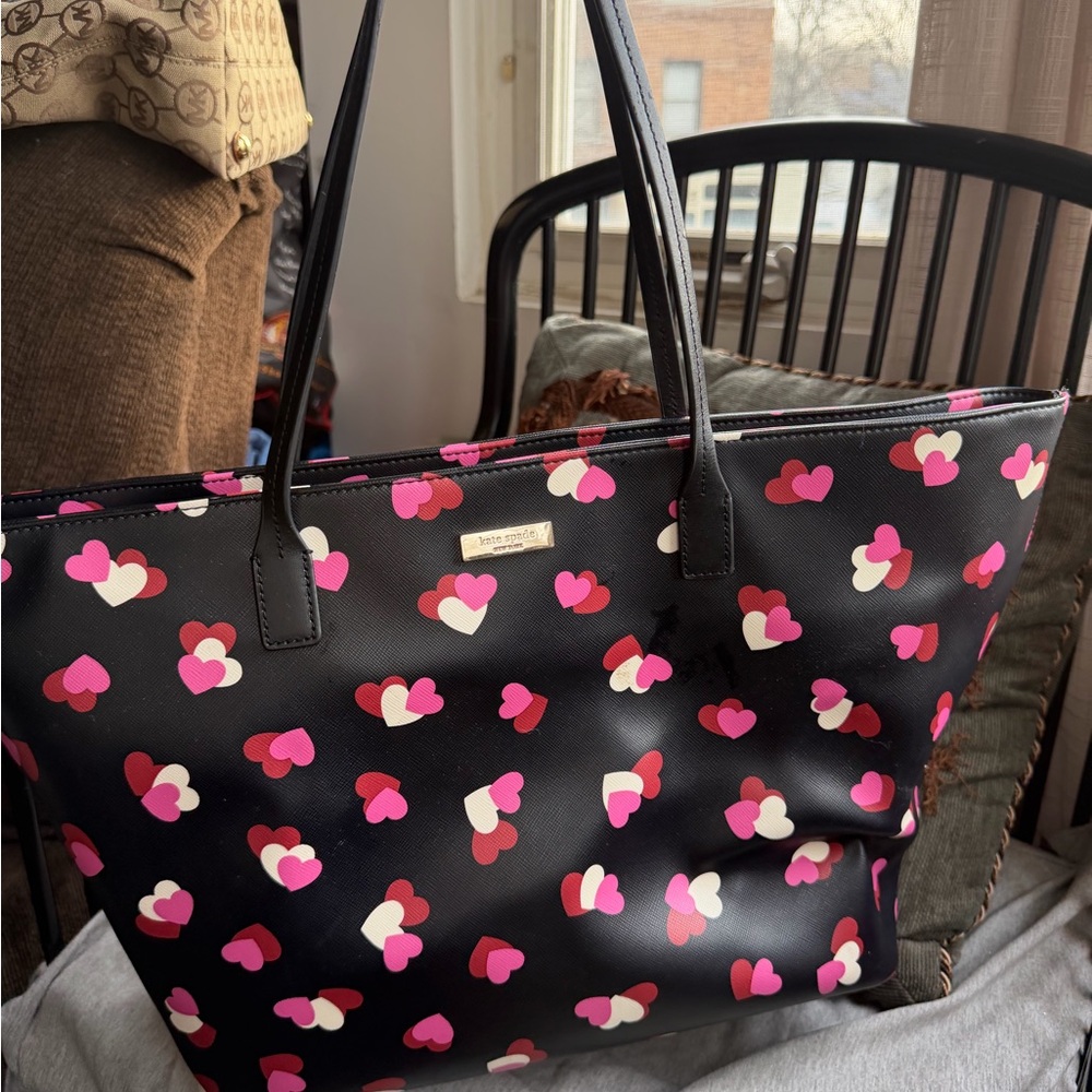 Kate Spade Black Tote with Pink and White Hearts